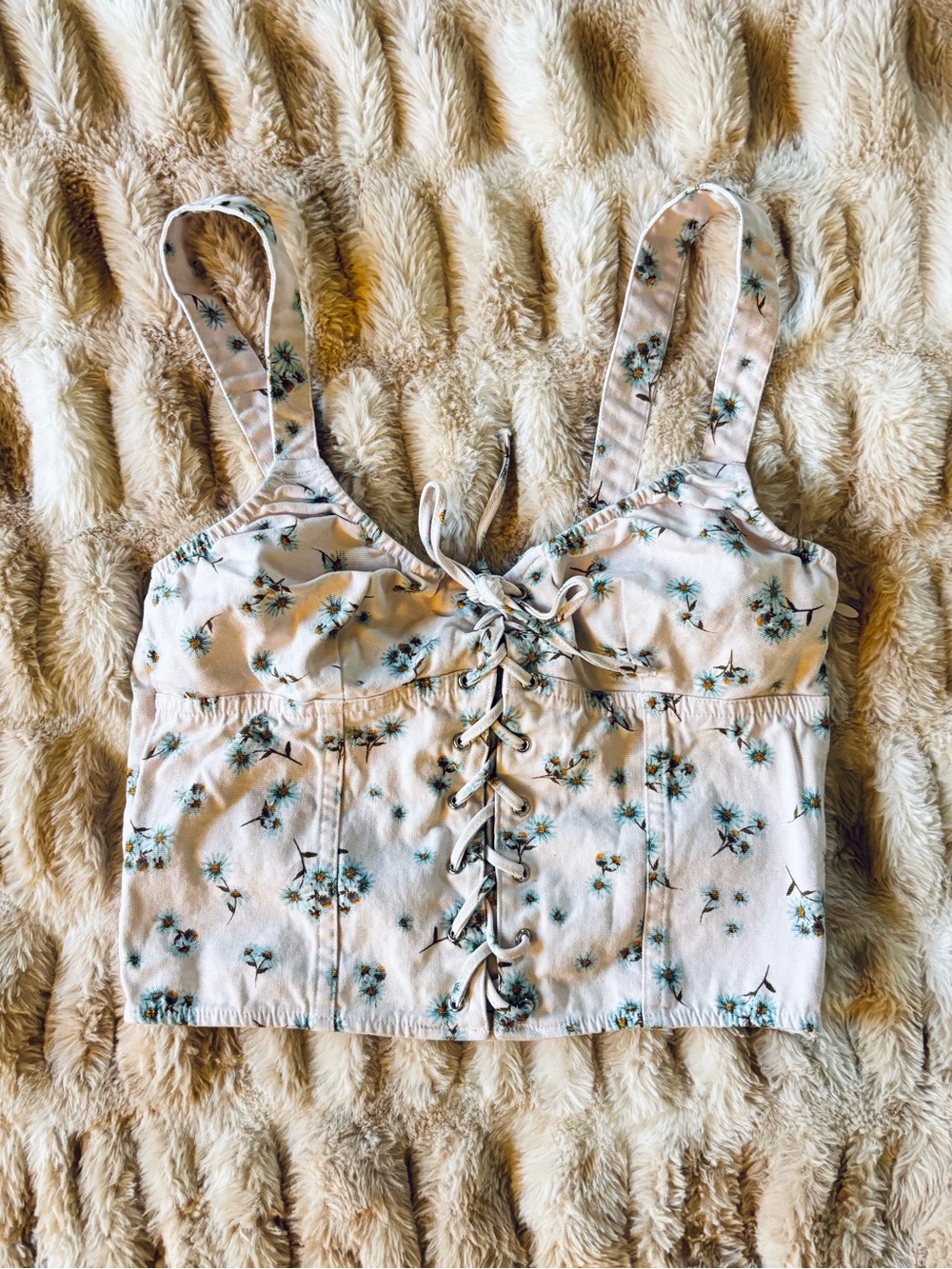 Victoria's Secret - Denim Floral Lace-Up Crop Top w Side Zip